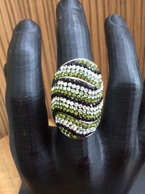 925 silver stamped large dark and light green, black and clear stones Size 8.5